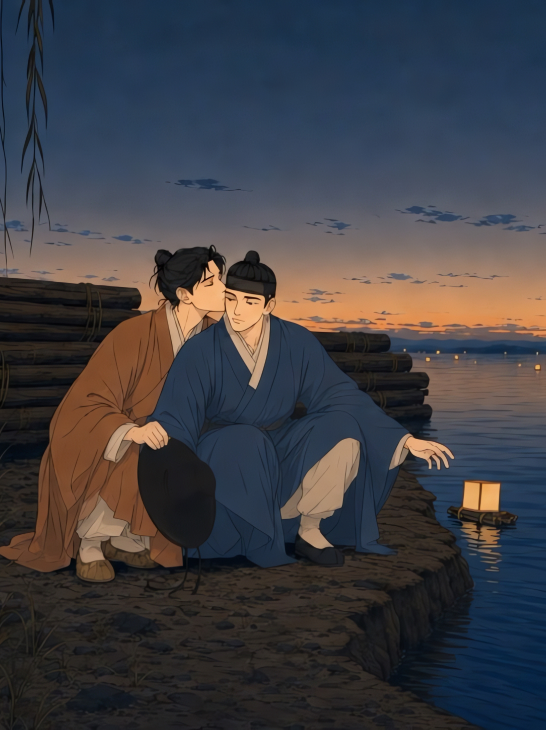 The Lantern Back to You — Seon-woo kisses Park Ji-ho’s cheek as they release a glowing paper lantern onto the Namgang at sunset, with distant lanterns floating across the river.